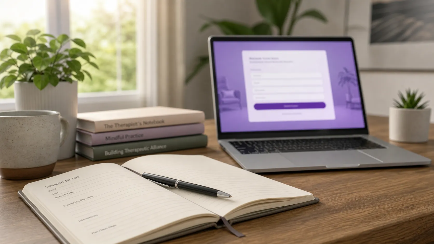 A quiet desk with a notebook, pen, and soft purple sign-up screen for a therapy note tool