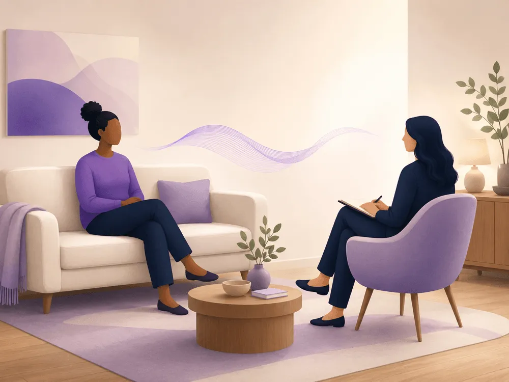 Two figures in a therapy session with a soft purple sound wave between them, suggesting AI listening alongside the conversation