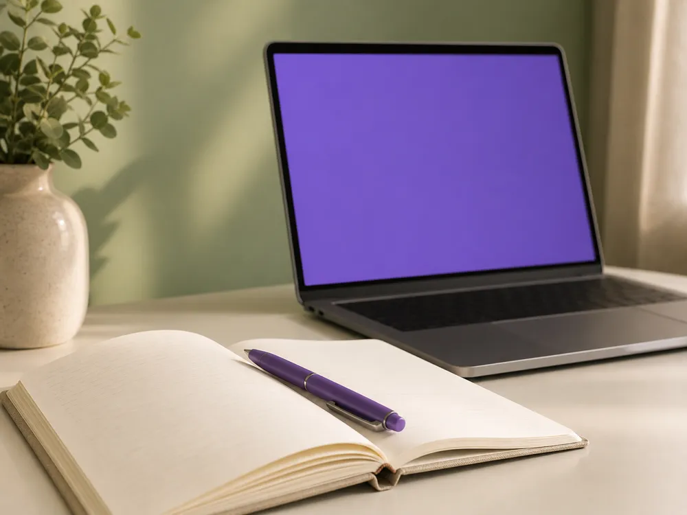 A quiet desk with a notebook, pen, and soft purple sign-up screen for a therapy note tool