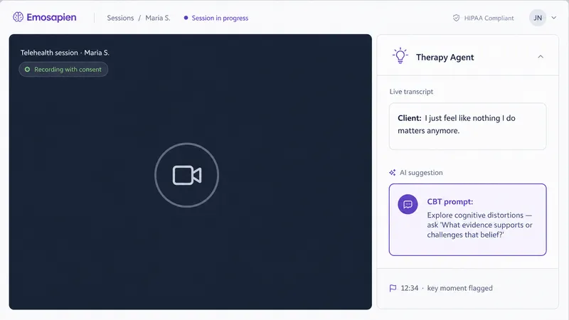 Real-time therapy sidebar showing an ACT values prompt alongside a session transcript snippet, visible only to the clinician