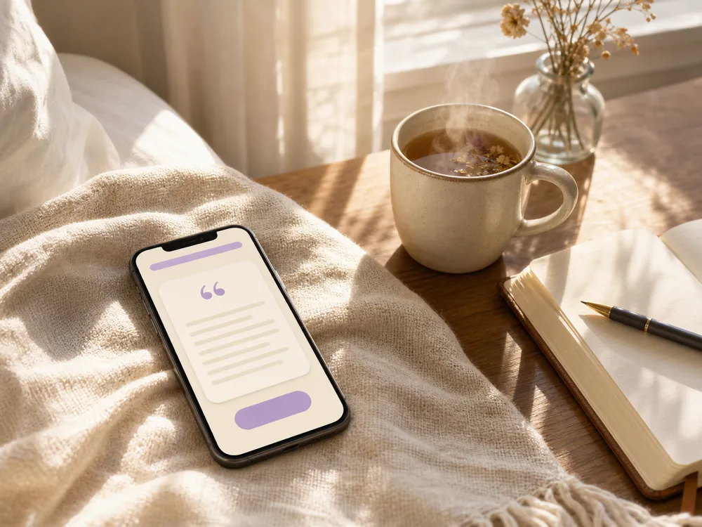 A smartphone on a linen blanket in soft morning light, suggesting a quiet client journaling moment at home