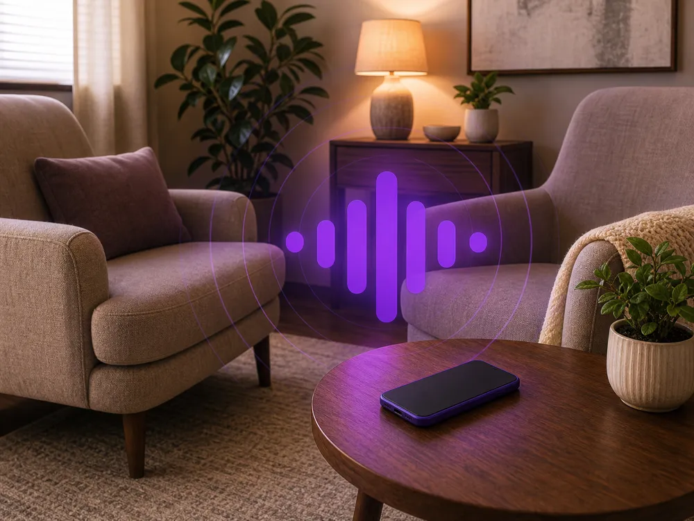 A quiet therapy room with two chairs and a small side table holding a phone face-down for silent recording