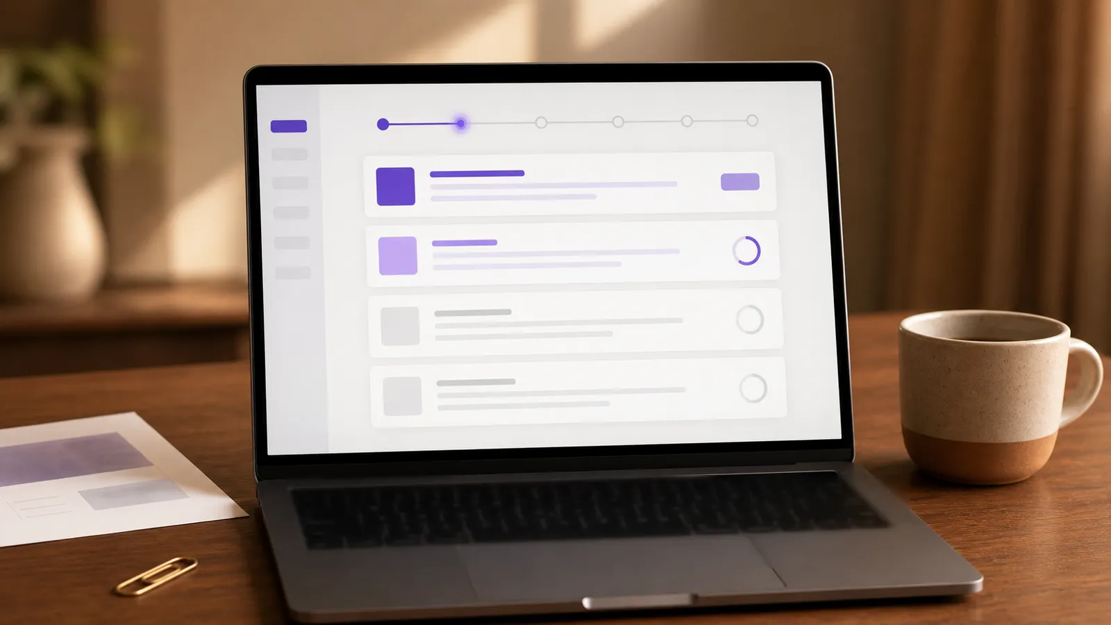 Overhead flat-lay of three draft treatment-plan pages fanned out on linen, with a brand-purple highlighter stroke marking objectives on the top draft