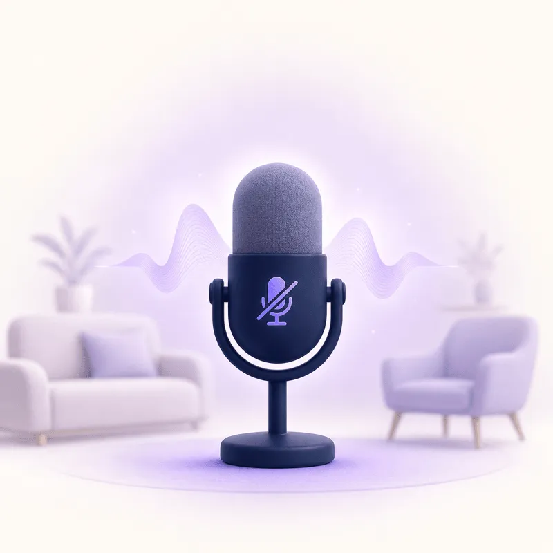 A silent microphone with a soft purple sound wave, couch and chair silhouettes behind