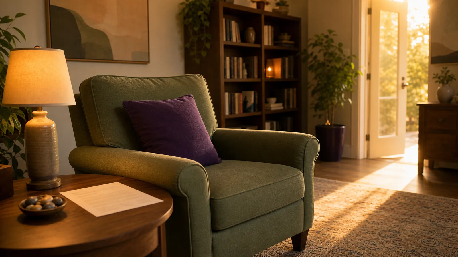 Wide environmental shot of a therapist's home office at golden hour, with an upholstered chair, side table holding an annotated printed plan, and a tall bookshelf in soft focus