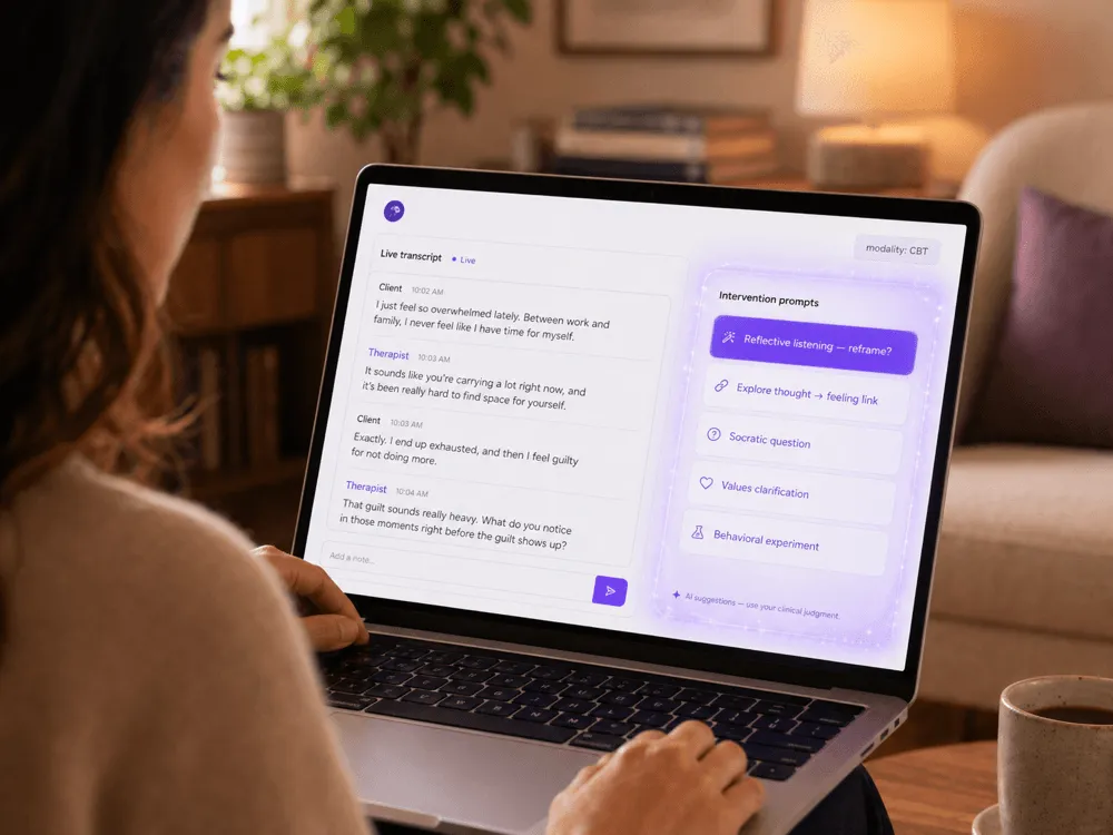 Hand reviewing a finished SOAP note with a purple checkmark in the corner