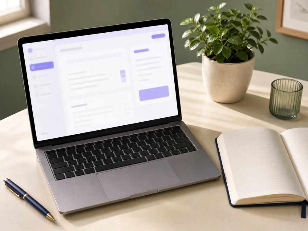 A laptop beside a notebook showing a structured therapy progress note ready for clinician review