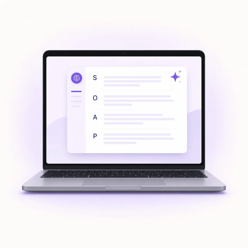 A laptop screen showing an AI-generated SOAP progress note with section headings and a small purple sparkle indicating AI generation