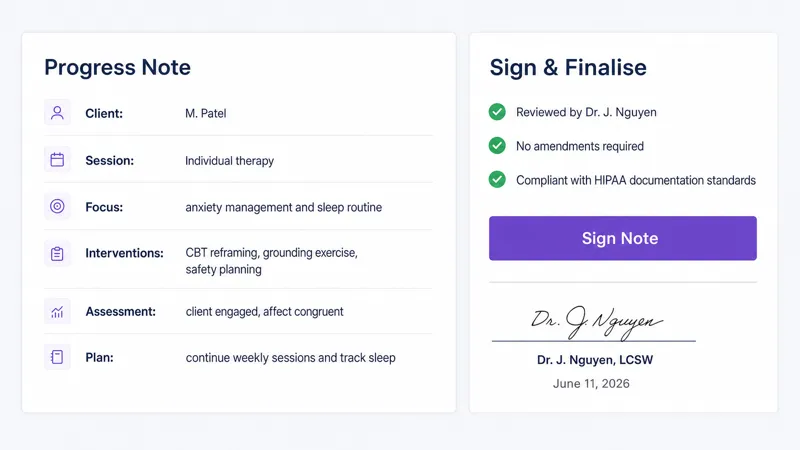 Clinician reviewing an AI-drafted SOAP note with a sign-off checkmark button highlighted, ready to approve and close the session record