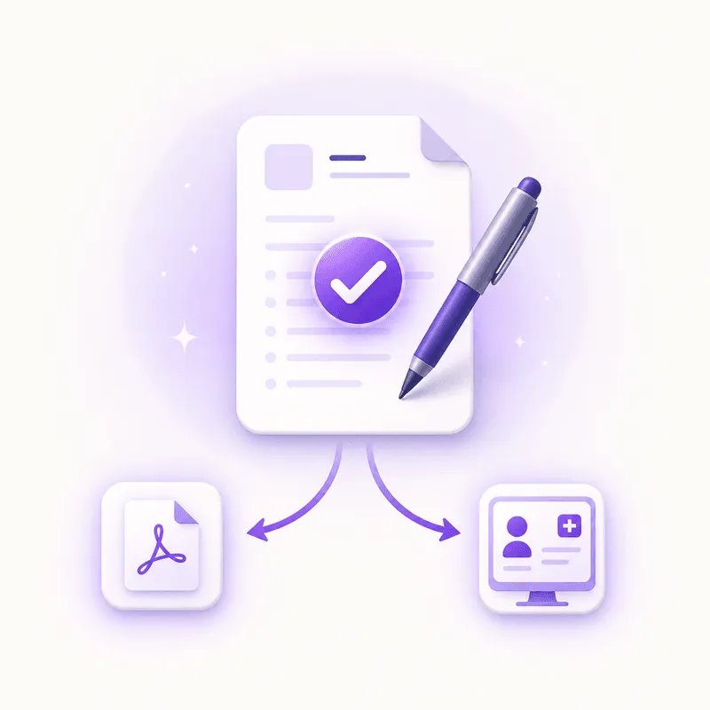 A signed document with a purple checkmark and pen, plus arrows exporting to PDF and EHR icons