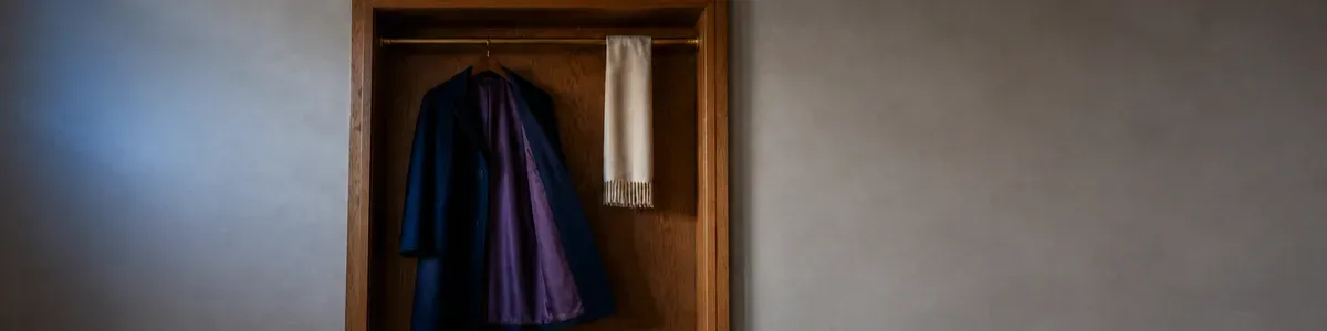 Oak-lined clinic closet with an unused navy wool coat hanging open to show muted-purple lining and a cream scarf on a brass rod, dark-moody plaster to the sides