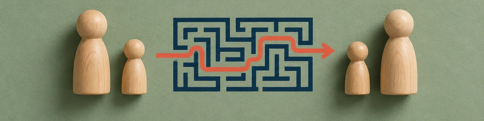 Four wooden family pieces flank a navy maze with one coral redirect arrow on sage paper.