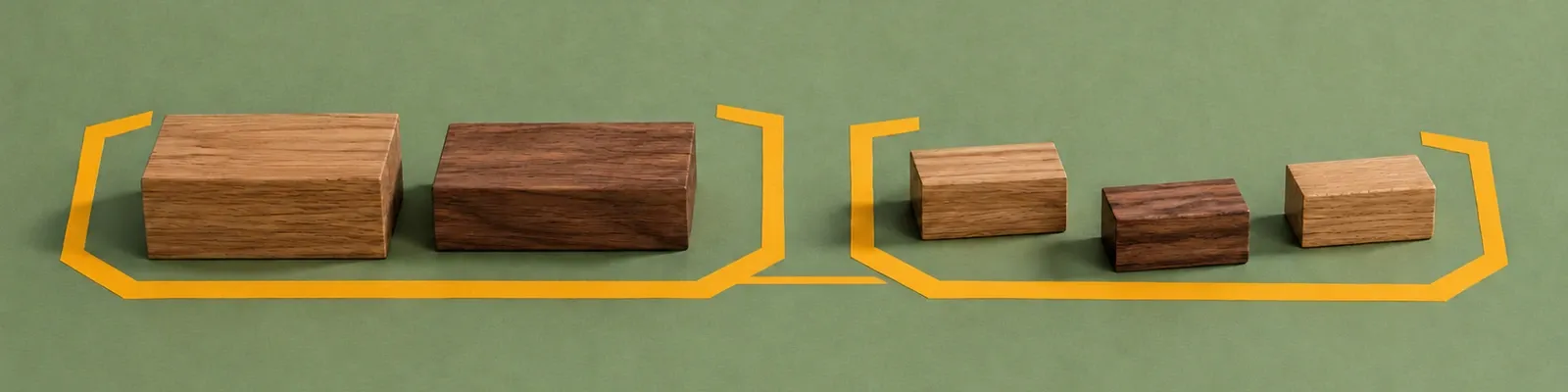 Two larger and three smaller wooden blocks on sage are grouped by one connected marigold boundary-and-bracket collage.