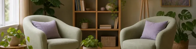 A quiet, welcoming counseling office with two soft chairs, warm wood, a bookshelf and plants