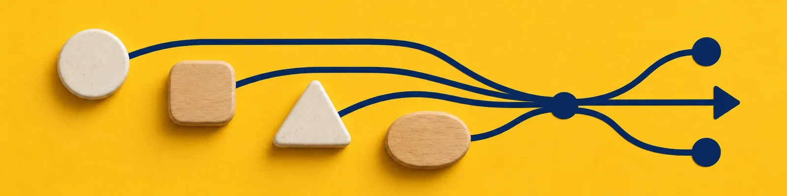Four neutral screening tokens on marigold feed one navy branching collage with multiple screening domains and next-step routes.