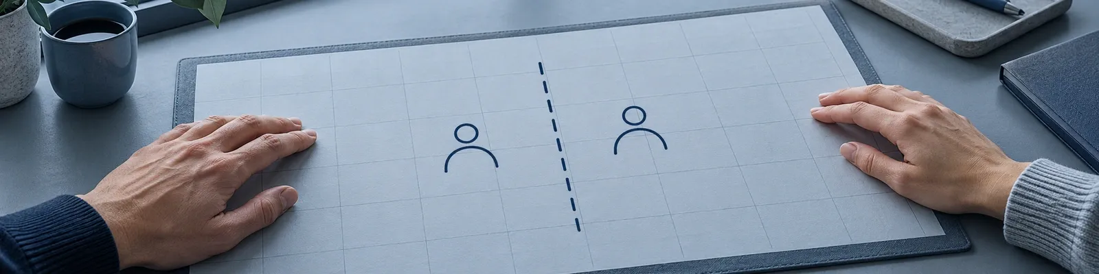Two separated hands rest on a blank calendar on a cool slate desk, with a navy boundary line between two illustrated person marks