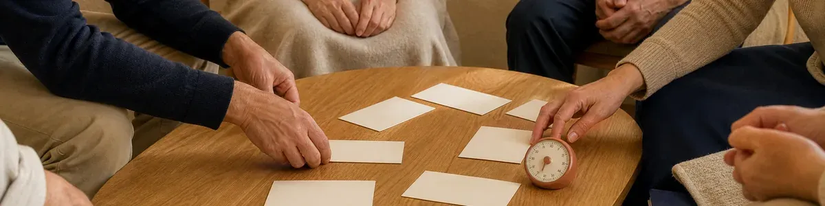 Round oak activity table with blank cream cards and a terracotta analog timer; adult hands and laps only arranging the cards in a calm group room