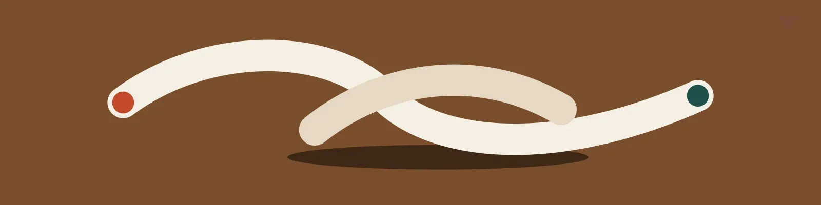 Illustrated cream rope knot with rust and teal ends on walnut for therapeutic relationship.