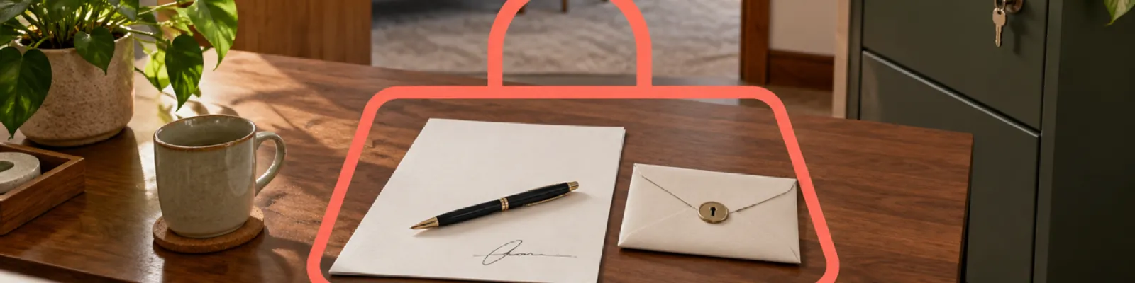 A blank signed confidentiality statement and locked envelope on a therapy-office desk within a coral boundary