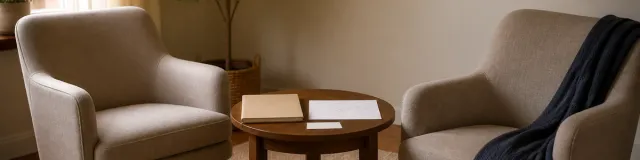 Calm therapy review setup with two empty chairs, a closed chart folder, a simple untitled trend sheet, and one blank next-step card