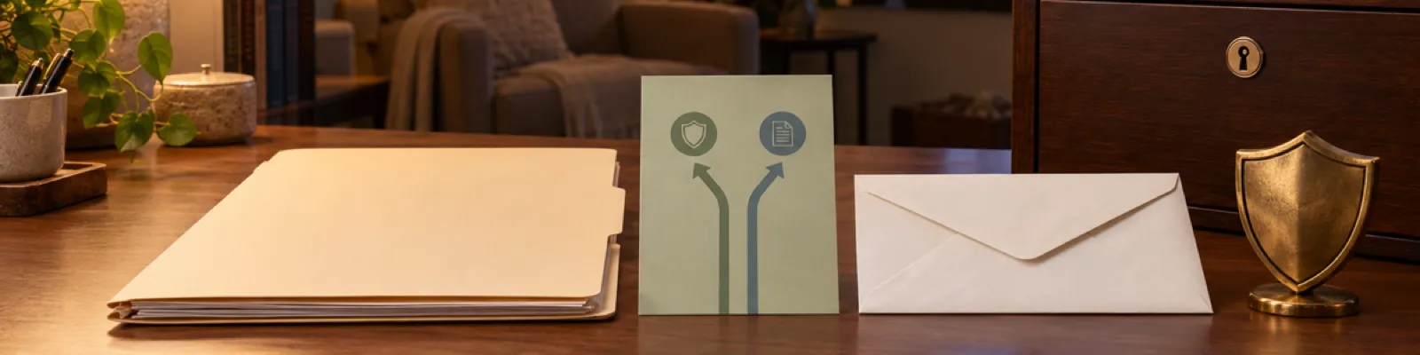 A professional-liability folder and sealed board-complaint envelope beside a shield under a therapy-office lamp