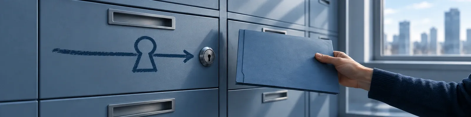 A hand holds a blank sealed folder beside a locked blue-gray cabinet with a navy chalk keyhole and permission arrow.