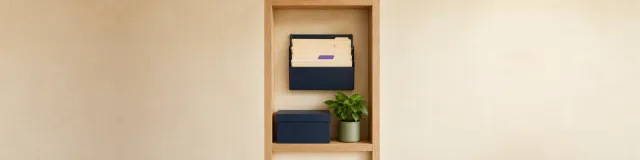 Oak-framed clinic records niche with a navy wall file sorter holding blank cream folders and a soft purple tab, plus a navy archival box and small green plant on the shelf