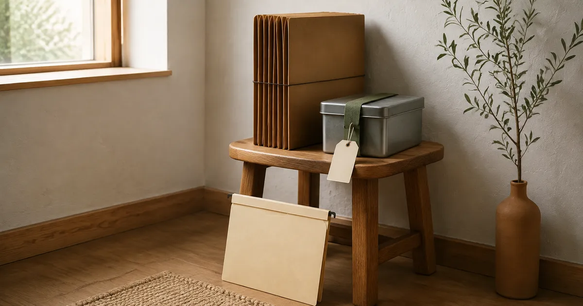 Kraft accordion file and sage-strapped metal transfer box on an oak stool in a cream plaster alcove with cool north window light
