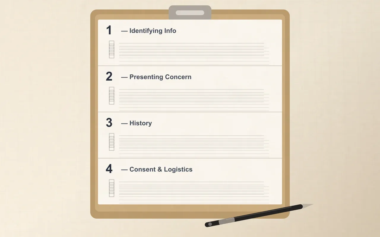 A four-section therapy intake form on a clipboard, with sections labelled Identifying Info, Presenting Concern, History, and Consent & Logistics. The form shows mixed checkbox columns and ruled response lines.