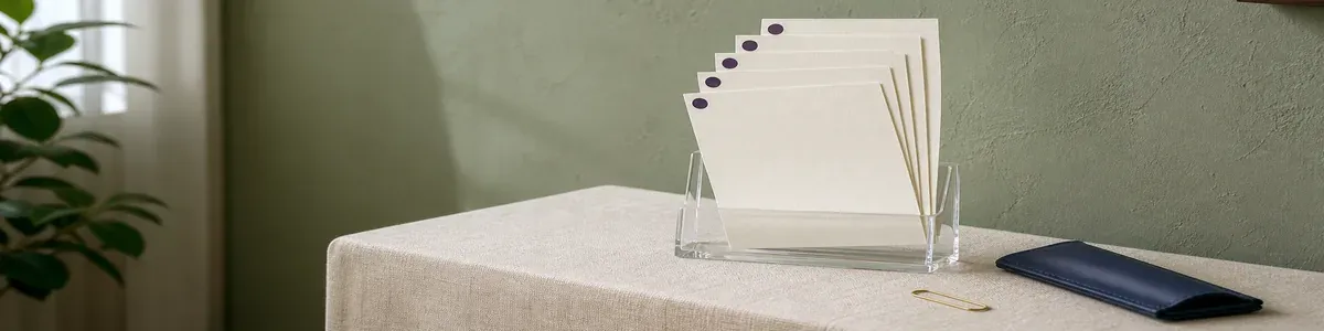 Five blank ivory checklist cards with deep-purple corner dots in a clear acrylic stand on a cream linen console against a soft sage wall, navy pen sleeve beside them