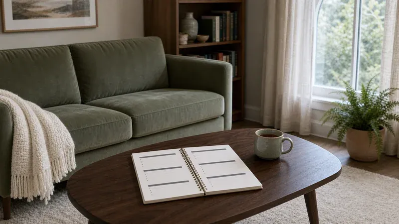 Sage-green therapy-room sofa beside a round coffee table with an open notebook, mug, and potted plant