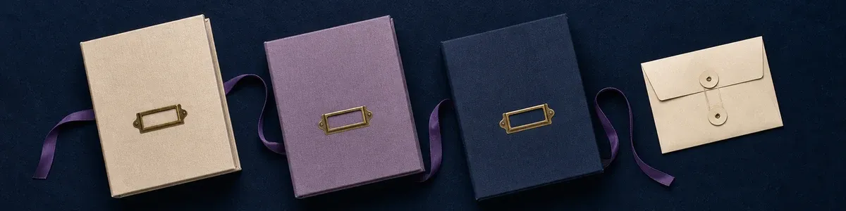 Cream, lavender, and navy archival record cases with blank brass date-tab holders linked by a purple archive ribbon