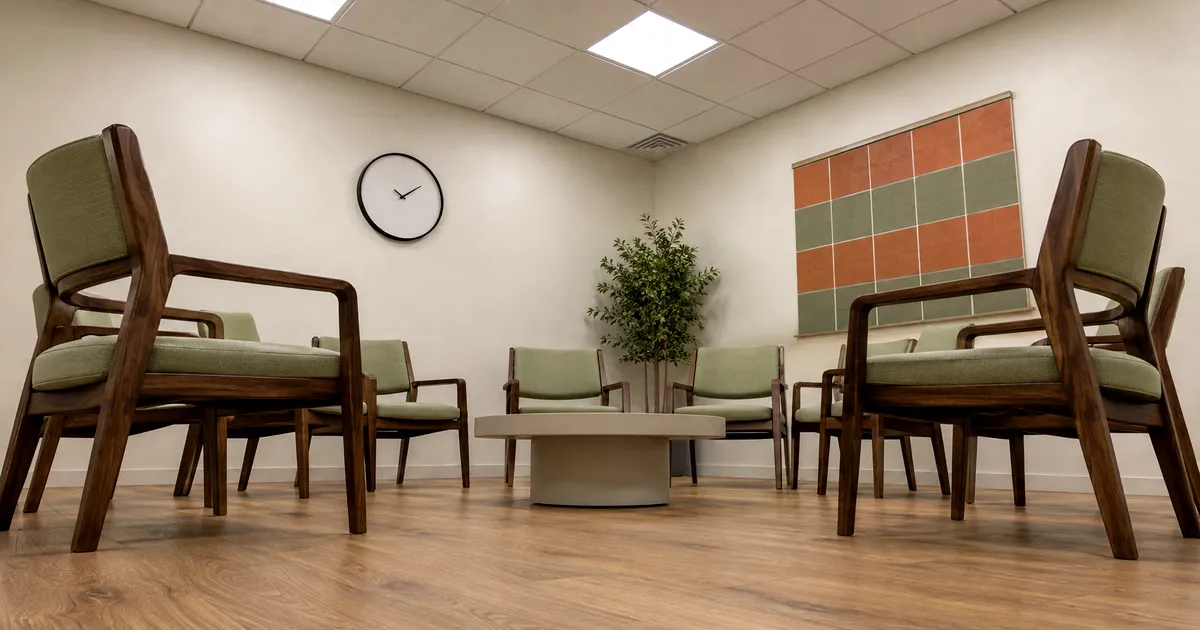 Empty circle of walnut chairs around a cream table, analog wall clock, and a color-block wall calendar in a quiet group room