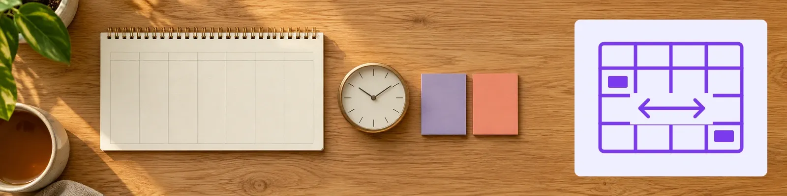 Sunlit planner desk and unlabeled clock beside a violet schedule grid with a double arrow connecting two open slots.