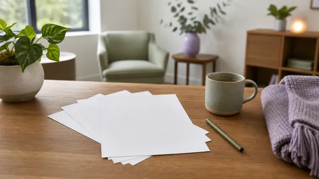 Blank printed worksheets and a pen fanned on a warm wooden desk beside a mug of coffee, a plant, and a lavender throw in a calm therapy office