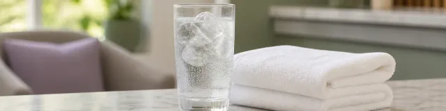 A refreshing still life of a glass of iced water and a folded towel on a pale marble counter