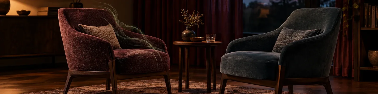 Two empty plum and petrol-blue chairs in a deep-tone dusk consultation room, with a subtle translucent sage memory overlay on one chair.