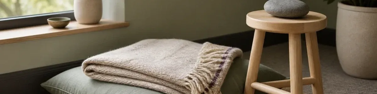 A quiet grounding corner in a therapy office with a floor cushion, folded blanket, and a smooth stone, showing a calm trauma-informed session space.