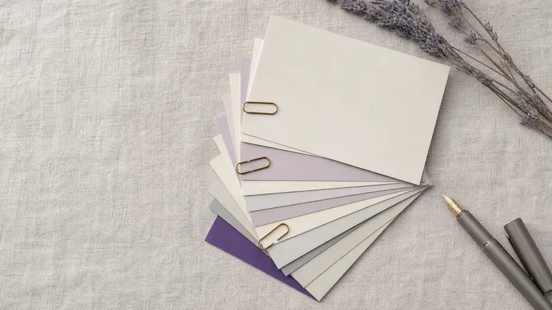 Blank pastel index cards fanned on cream linen with brass paperclips, dried lavender sprigs, and a gray fountain pen