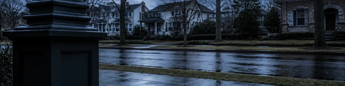 Blue-hour view from a clinic porch past a dark column along a wet slate sidewalk toward an empty residential street