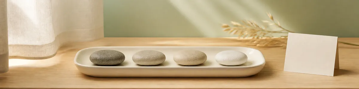 Four smooth river stones in a left-to-right line on a cream ceramic tray on pale oak window ledge, warm morning light, linen curtain, blank ivory card, sage wall