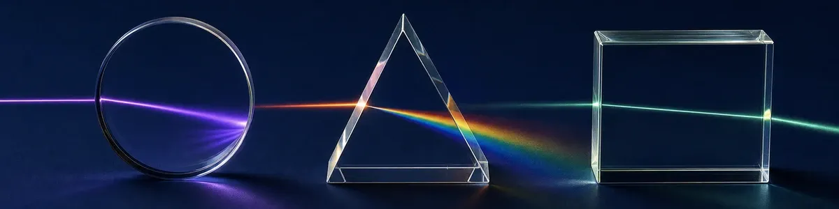Circular, triangular, and rectangular optical glass forms bend three colored light paths across a deep navy surface