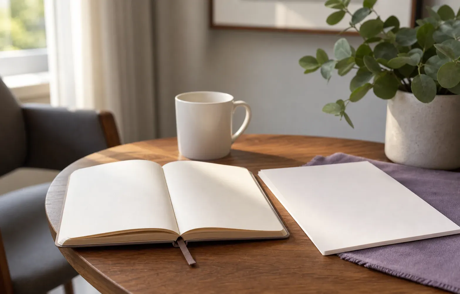 Open blank journal and blank paper stack on a round wood table with a white mug and eucalyptus plant, suggesting between-session journaling and measures