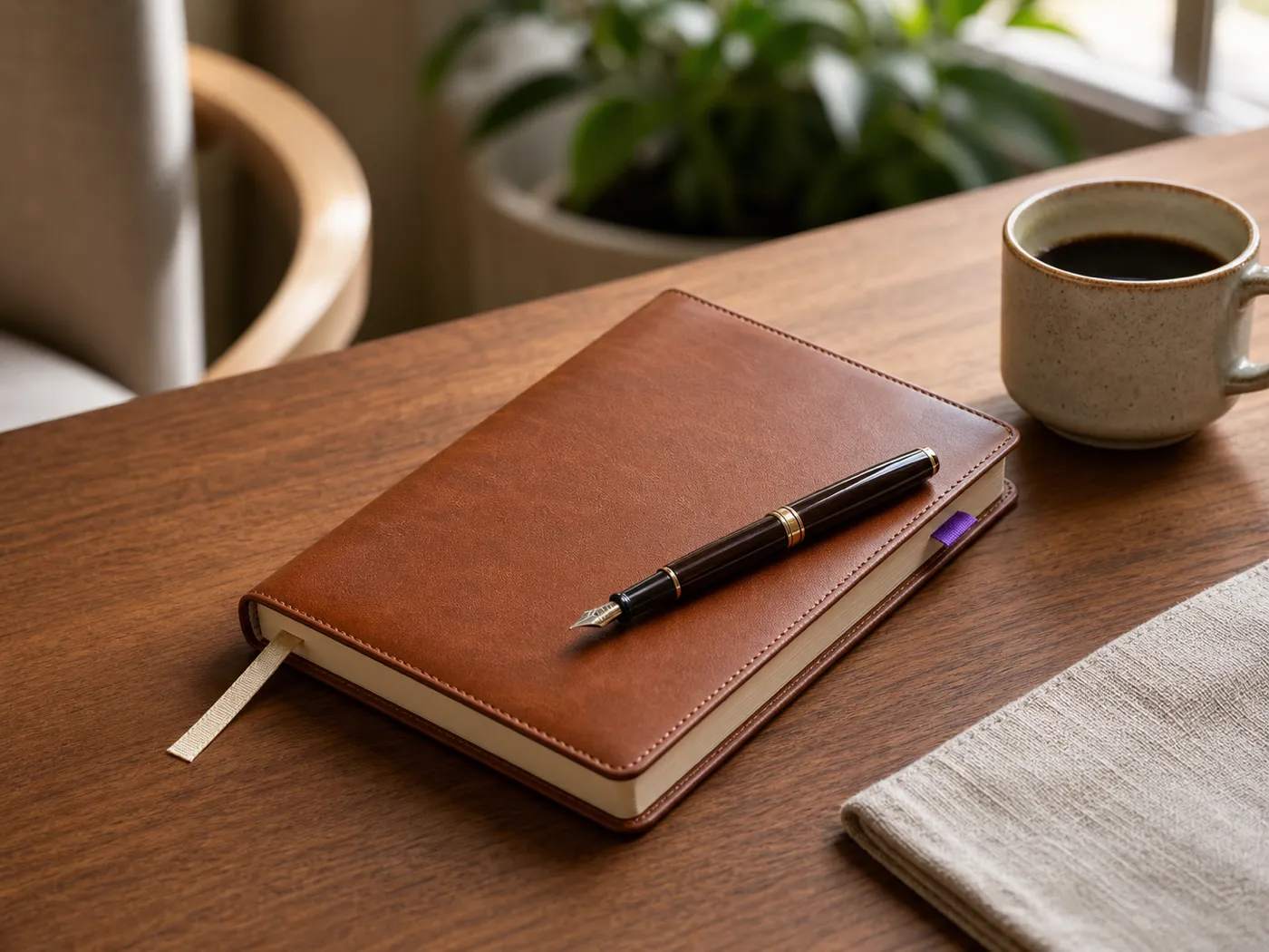 A single closed cognac-brown leather notebook on a wooden desk with a cream ribbon bookmark, a fountain pen on top, and a ceramic mug, representing competent post-session note generation