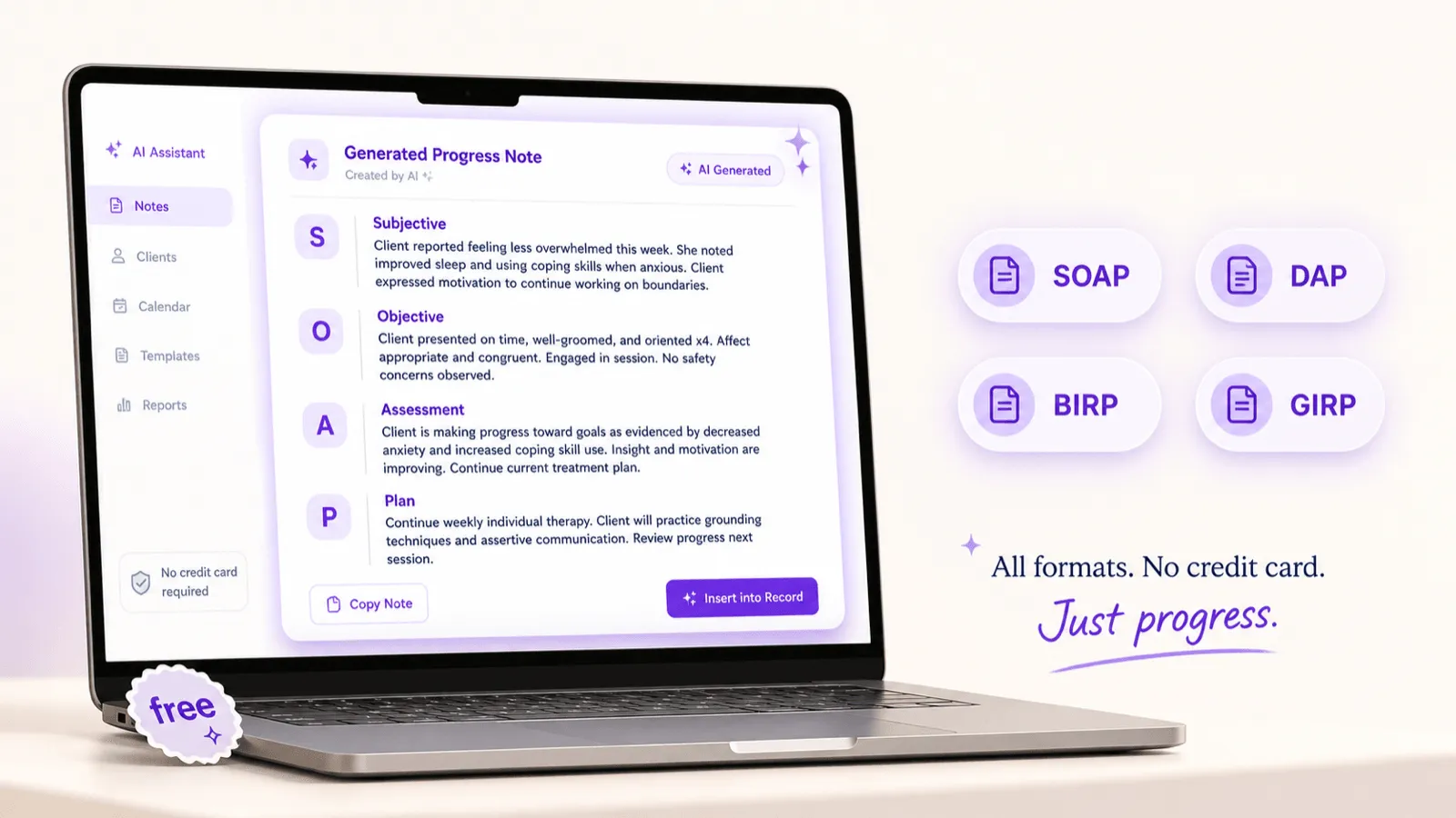 A laptop showing a generated SOAP progress note alongside floating SOAP, DAP, BIRP, and GIRP format pills, with a 'free' sticker on the laptop corner