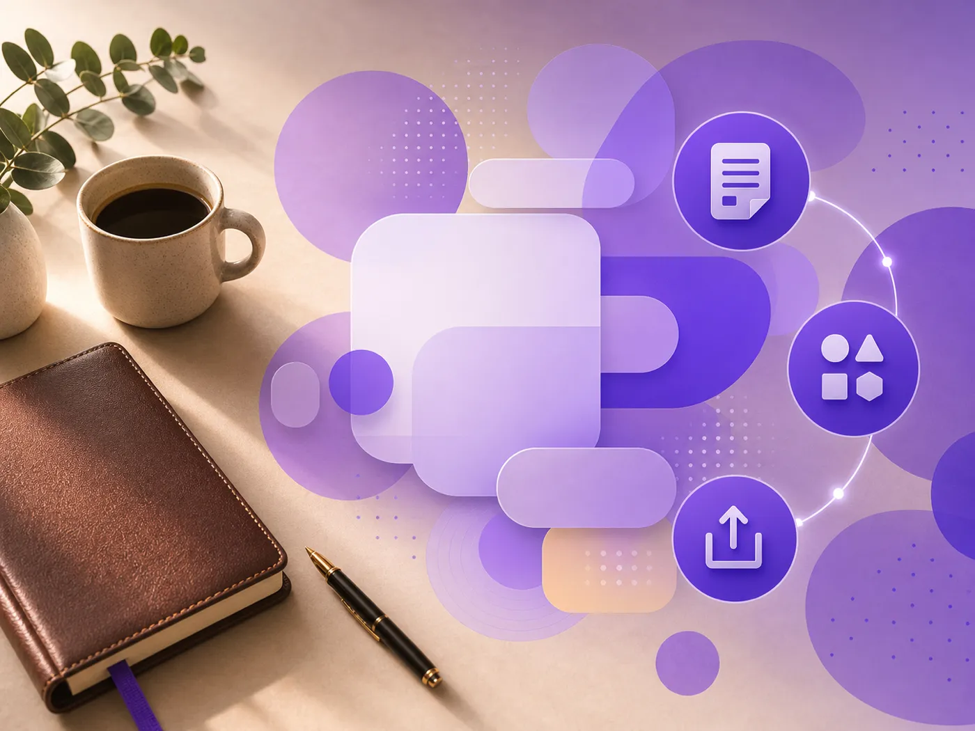 A leather notebook with a purple ribbon bookmark next to a digital tablet, tea, and a small succulent, suggesting the moment a therapist reviews a SOAP draft