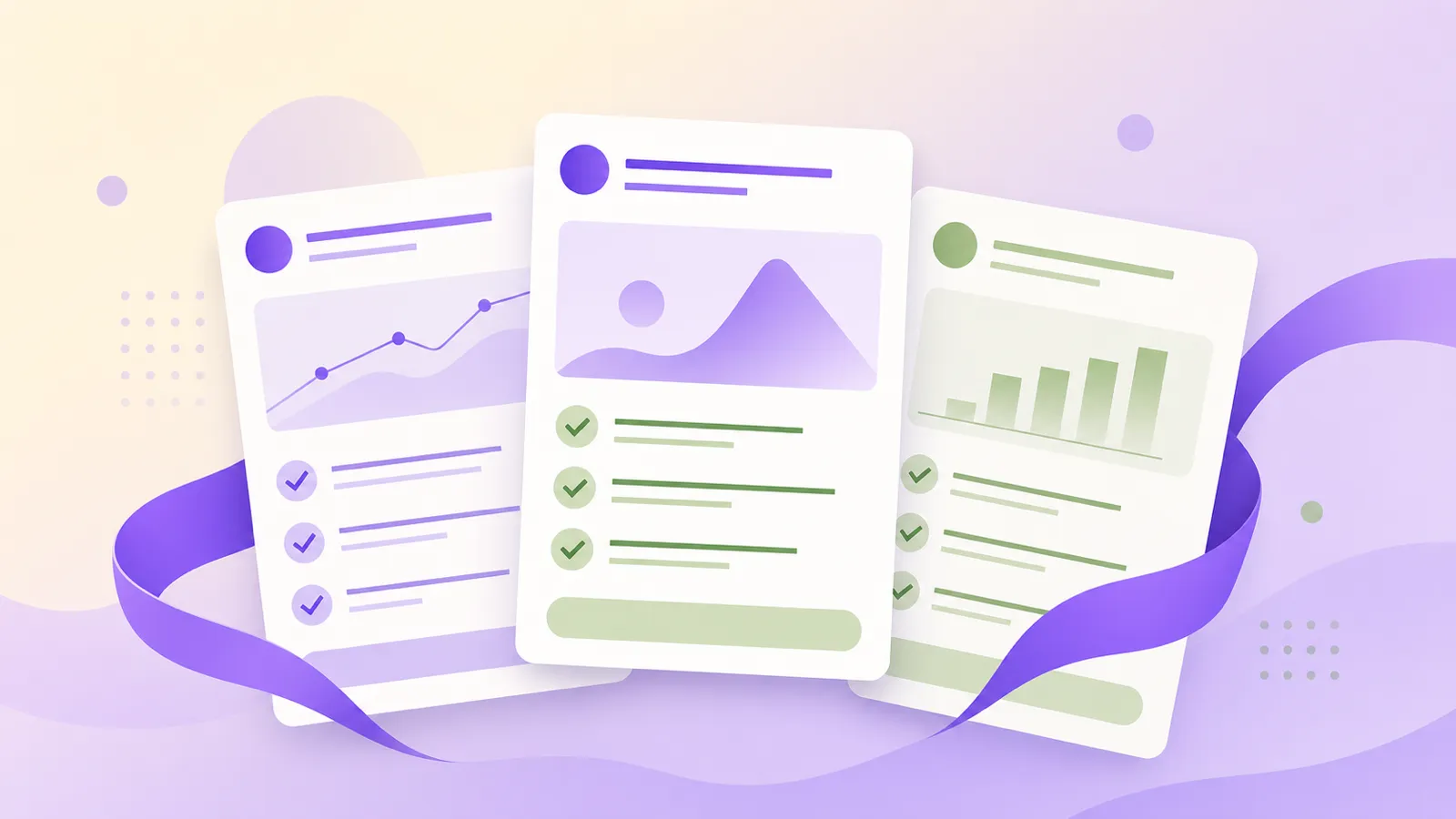 Editorial illustration of three overlapping treatment-plan cards with SMART-objective lines and a brand-purple highlight ribbon, on a soft cream-to-lavender gradient — what the free tier delivers