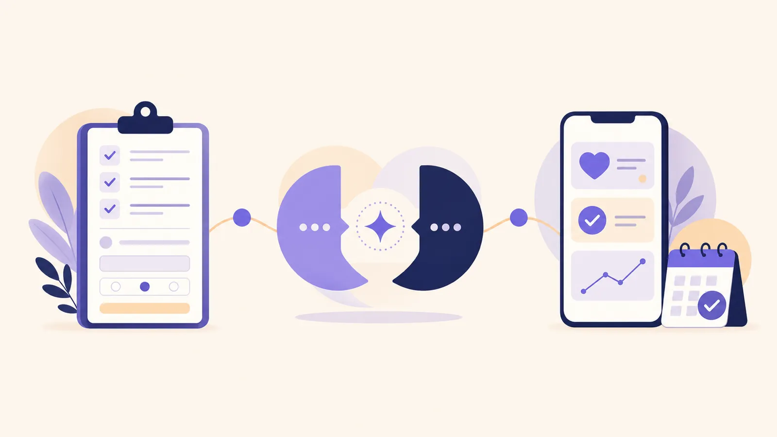 Flat editorial illustration of three workflow stages connected left to right: a clipboard with checkmarked intake form, a pair of facing semicircles representing in-session co-therapy, and a smartphone showing a journaling and check-in interface with a calendar