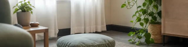 A tranquil therapy-room corner with a floor cushion, sheer curtains and a trailing green plant