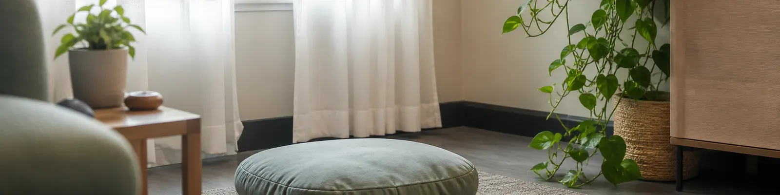 A tranquil therapy-room corner with a floor cushion, sheer curtains and a trailing green plant